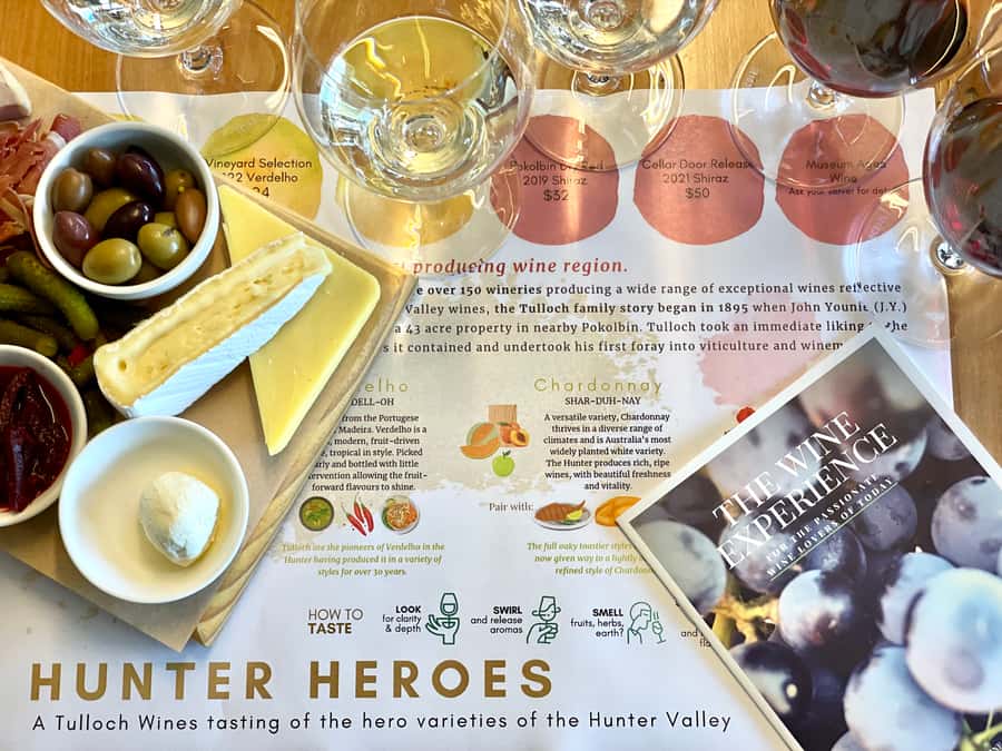 Pokolbin: Tulloch Hunter Heroes Wine Tasting & Cheese Board - The four Hunter grapes on the tasting mat