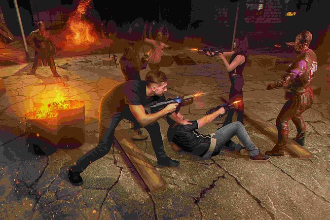 Virtual Reality Zombie Shooting Game - Getting fitted with full-body VR equipment